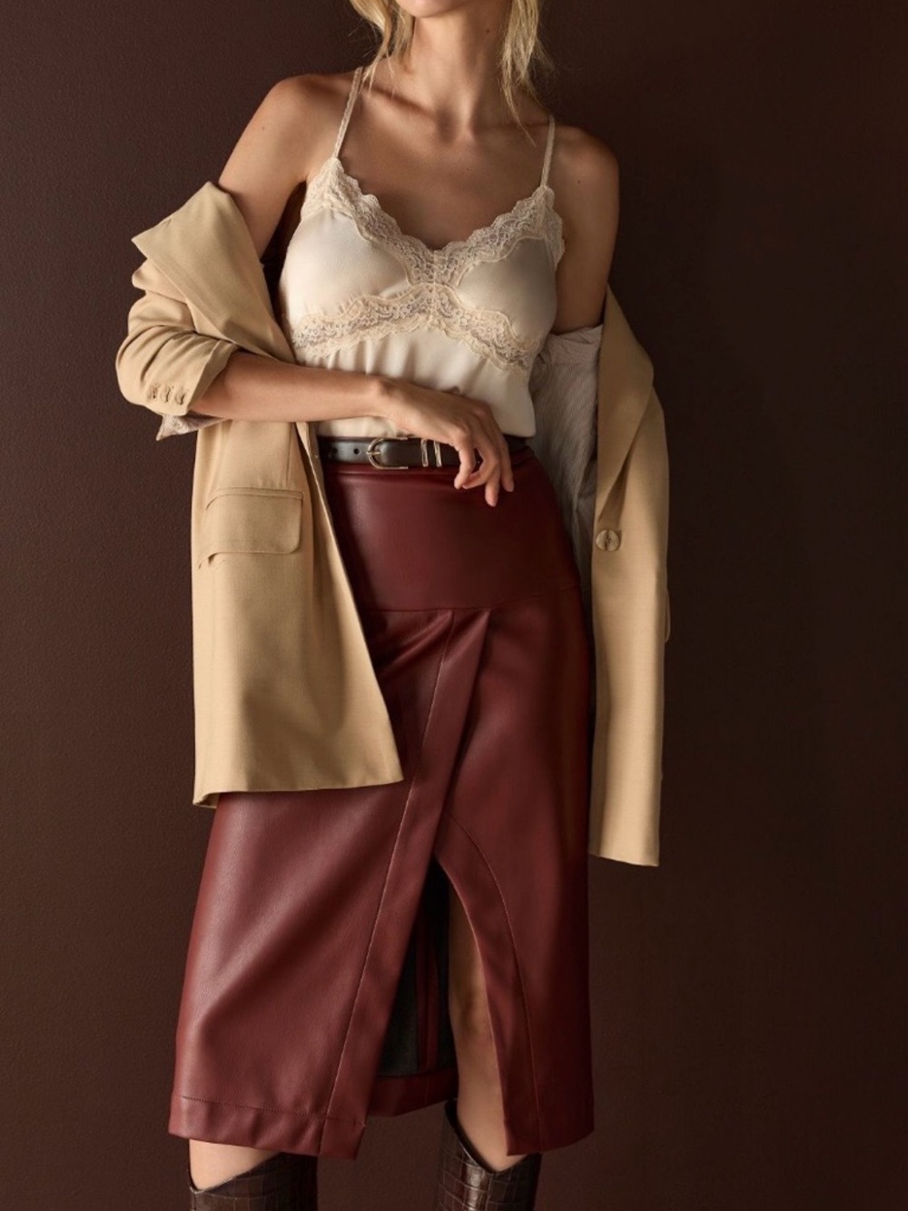 By Anthropologie Burgundy Faux-Leather Toledo Skirt